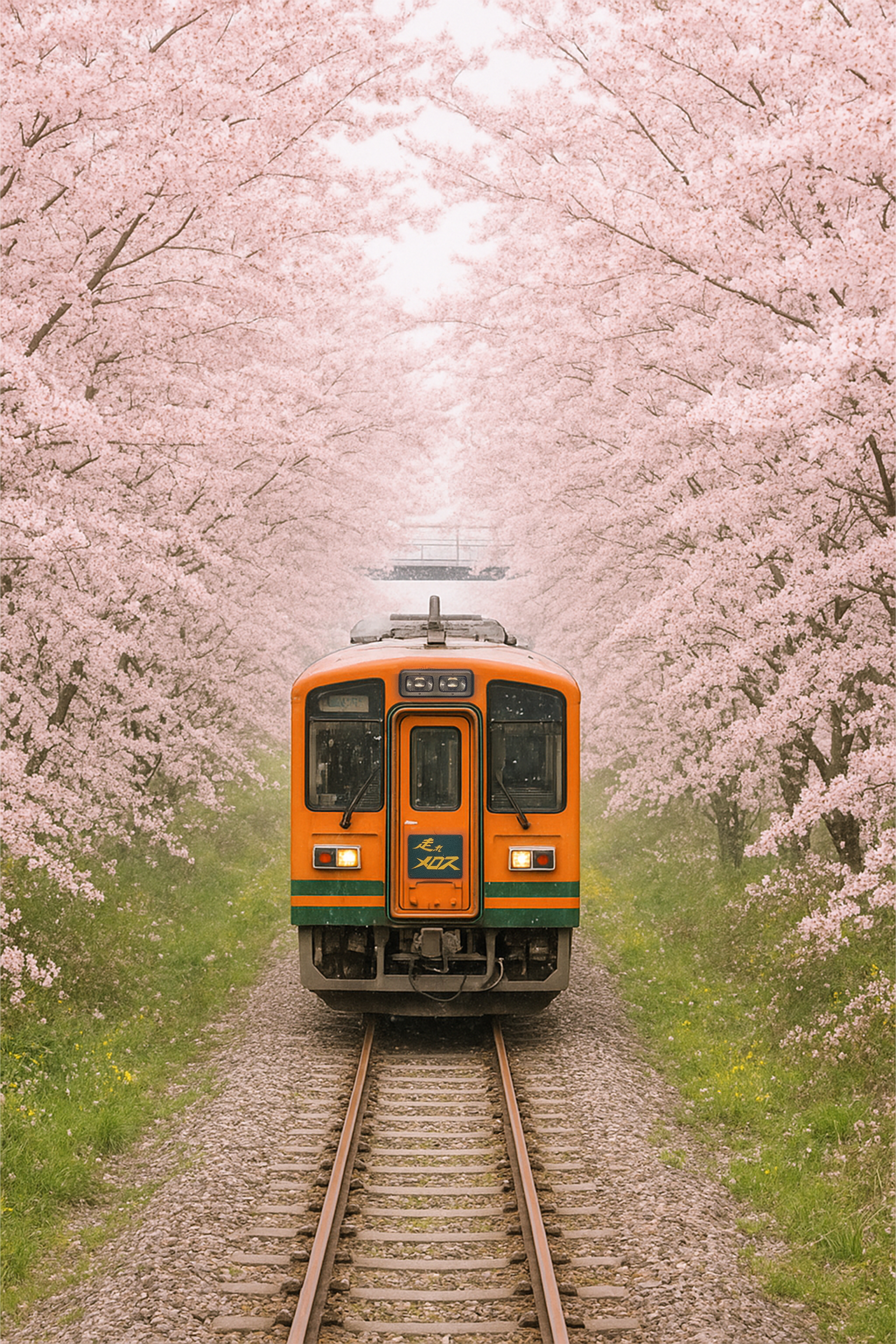 桜のトンネルを走る津軽鉄道